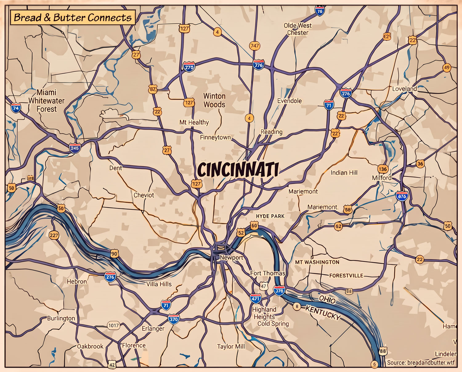 Illustrated road map of Greater Cincinnati, from Miami Whitewater Forest east to Loveland and Milford, with the Ohio River running through Newport and Fort Thomas.