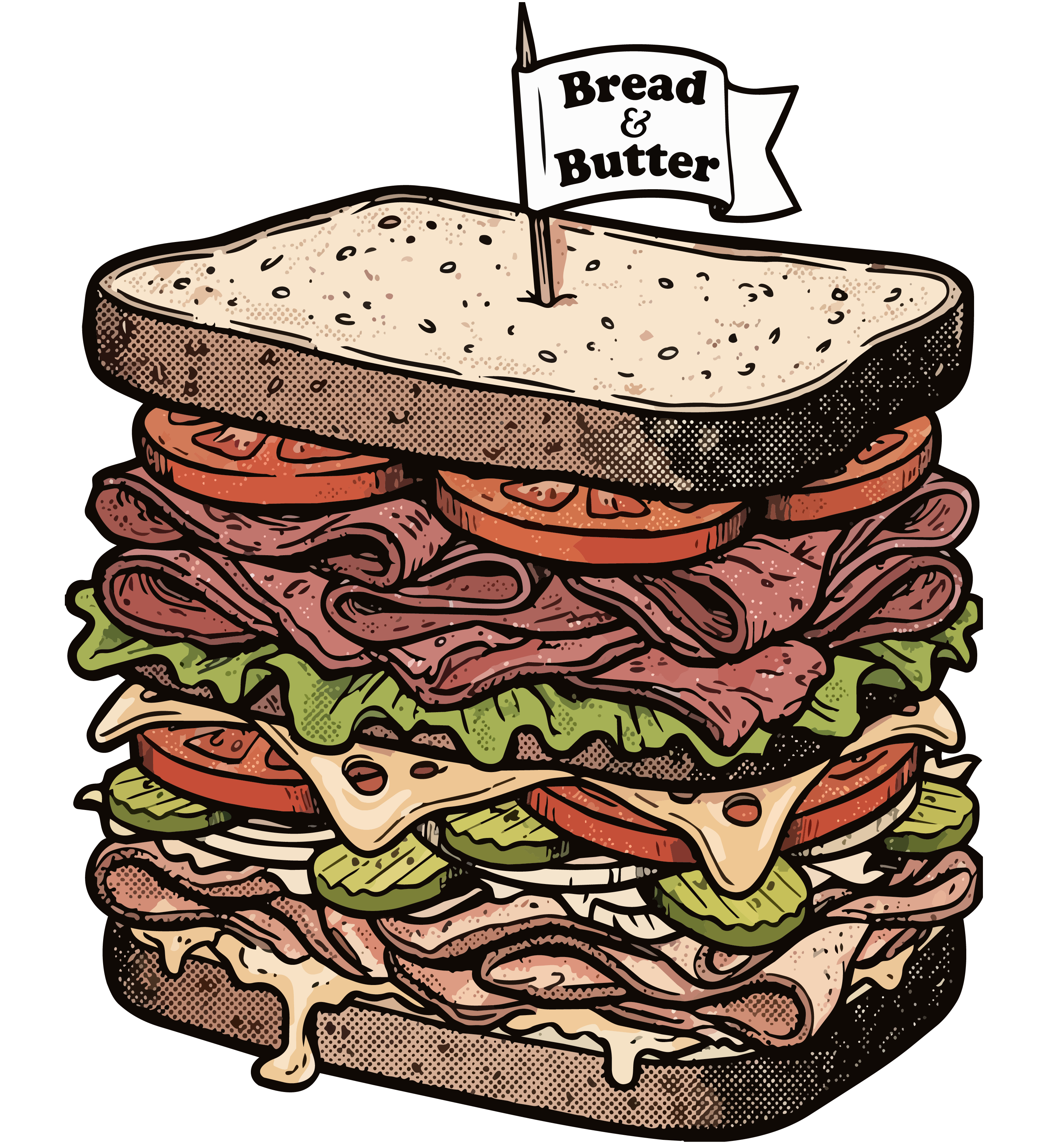 Illustrated stacked sandwich with a Bread & Butter flag